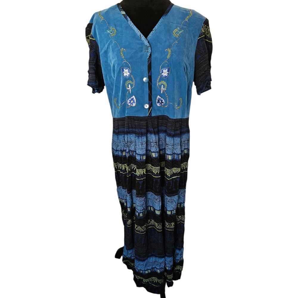 Virgo Boho Blue Tribal Print Velvet Bodice Midi Dress Embroidered Size 8